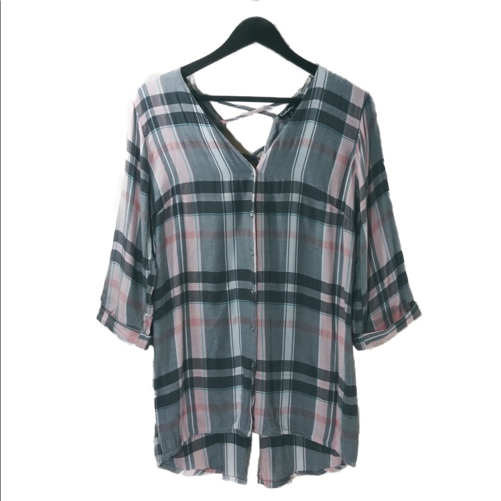 Plaid Grey & Pink Hi/Lo Plaid V-Neck Top